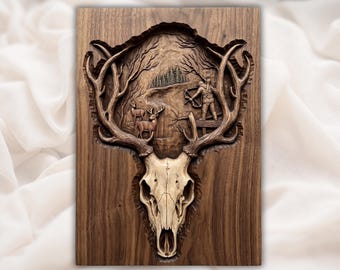 鹿の頭蓋骨と角の狩猟レリーフSTL｜素朴なロッジの壁飾り｜オジロジカのハンターの森のトロフィーパネル｜手彫りの木目調装飾