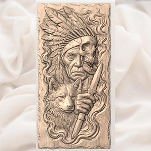 Native Warrior Skull Wolf 3D Relief STL view 3
