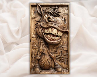 Funny Donkey 3D Relief STL File | Cartoon Farm Animal CNC Carving | Rustic Barn Wall Art STL