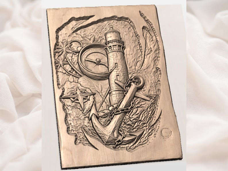 May include: A wooden nautical relief carving featuring a lighthouse, anchor, compass, and star. The relief is carved into a rectangular wooden plaque. The lighthouse is tall and cylindrical, and the anchor is connected to a chain. The compass is round.