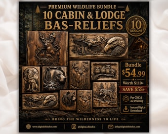 Pacote Premium de Decoração para Cabana com Tema de Vida Selvagem | 10 Arquivos STL em Relevo 3D de Veado, Águia, Urso, Lobo e Alce | Escultura em Madeira para Roteador CNC, Decoração para Parede de Chalé e Tema de Caça