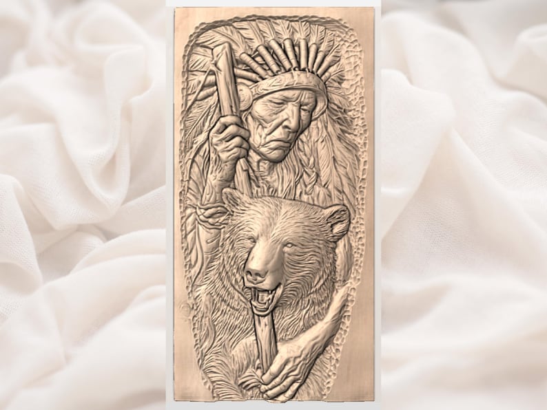 May include: A detailed relief carving depicts a Native American figure with a feathered headdress and a bear. The figure holds a staff, and the bear is positioned below. The artwork is rendered in shades of brown, showcasing intricate details.