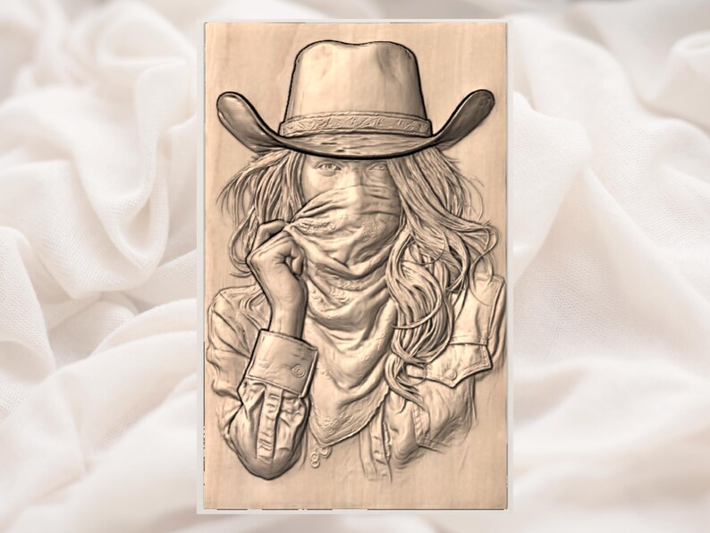 May include: Wooden relief carving of a person wearing a cowboy hat and bandana. The carving is detailed, showing the person's face partially covered by the bandana. The person is also wearing a button-down shirt. The artwork is set against a soft, white background.