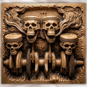 May include: A detailed wooden carving depicts a stylized engine with four skull-shaped pistons and crankshaft components. The artwork features intricate details, with flowing lines representing smoke or energy, all in shades of brown.