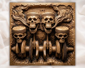Schädel-Motorkolben 3D Relief STL | Biker Motor CNC Fräser Holzschnitzerei Datei | Gothic Mechanische Wandkunst | Wohndekor