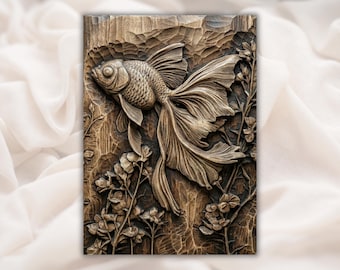 File STL in rilievo 3D di pesci rossi / Intaglio CNC con venature del legno di pesci e piante acquatiche / Pannello decorativo per pareti di acquari / Stampa 3D e incisione laser