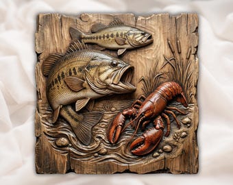 Bass & Crawfish Relief STL | CNC Router 3D Carving File | Fishing Scene Wood Grain Bas Relief Panel | Angler / Lake House Cabin Wall Art
