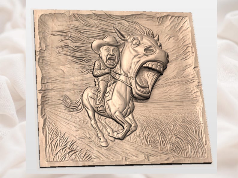May include: A carved wooden relief depicting a cowboy riding a horse with its mouth wide open. The cowboy is wearing a hat and appears to be yelling. The horse has flowing mane and is running through a field of grass. The relief is a light brown color.