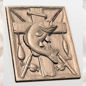 Bass Fishing Crossed Rods 3D Relief STL view 3