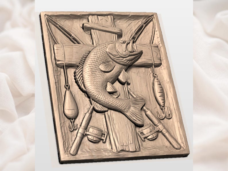 May include: A detailed, bronze-colored relief carving of a fish, fishing rods, and tackle. The fish is centered, with rods and lures arranged around it on a wooden plank background. The carving is rectangular and has a rustic, outdoorsy theme.