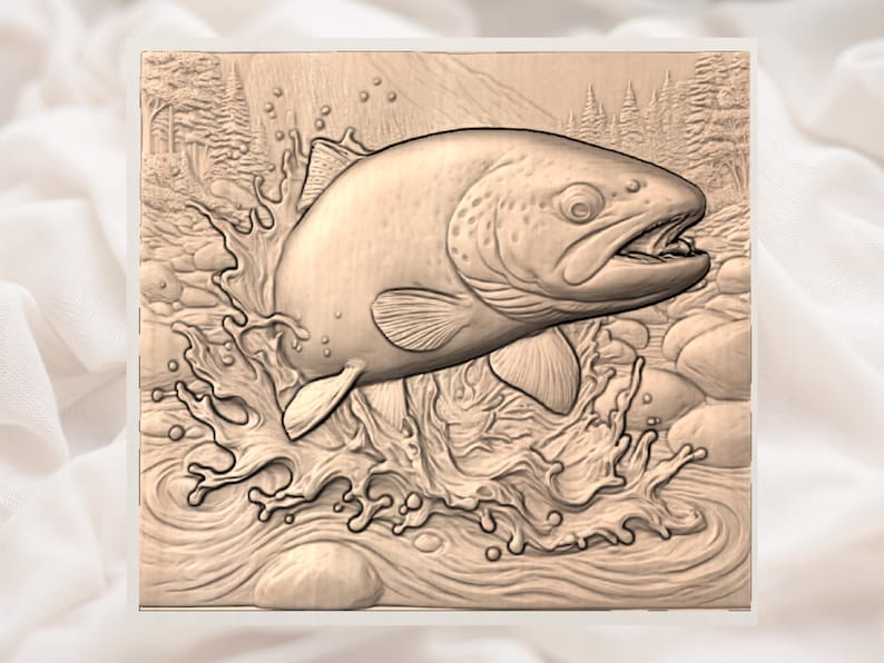 Öringfisk 3D-relief STL | Hoppande flodöringplask väggkonstpanel | CNC-router 3D-utskrift lasergraverad fil bild 2