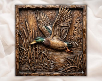 Flying Mallard Duck 3D Relief STL | Wood Grain Carving Panel | CNC Router File, 3D Printing & Laser Engraving | Home Decor