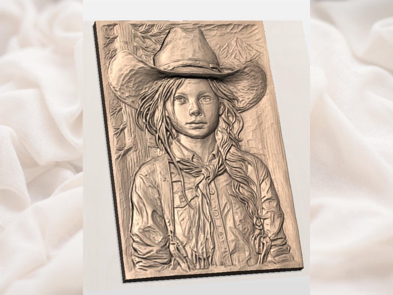 May include: A detailed wooden relief carving of a person wearing a cowboy hat and shirt. The carving features intricate details of the person's face, hair, clothing, and the surrounding foliage. The artwork is presented on a rectangular wooden panel.