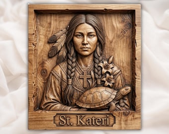 St Kateri Tekakwitha Lily of the Mohawks Bas-Relief STL | Catholic Saint Wall Art CNC Router | Laser