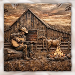 Western Cowboy Campfire 3D STL Relief view 1