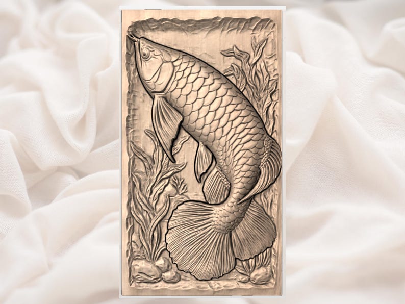 May include: A detailed wood carving of an arowana fish swimming amongst aquatic plants. The fish is depicted with textured scales and fins, set against a rectangular background. The carving is in shades of brown, showcasing the intricate details.