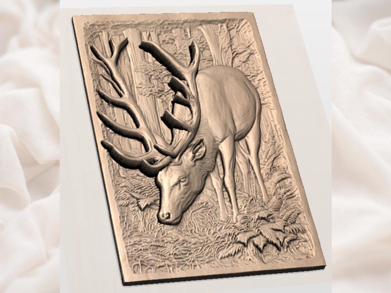 May include: A rectangular, brown relief carving of a deer in a forest setting. The deer has large antlers and is depicted with its head lowered, grazing among ferns and trees. The carving has detailed textures.