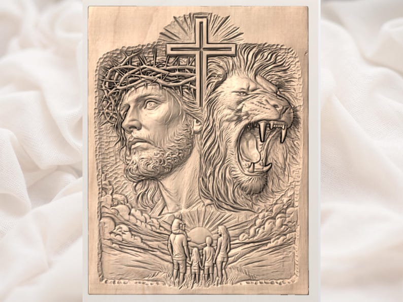 May include: A wooden relief carving depicting a religious theme. The carving features a detailed depiction of a man wearing a crown of thorns and a roaring lion. A cross and a family are also carved into the wood.
