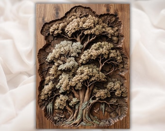 Old Oak File | Woodland Tree Carving | Cottagecore Wall Art Decor | Engraved Wood Look | Nature Lover Plaque |  Rustic Tree Plaque