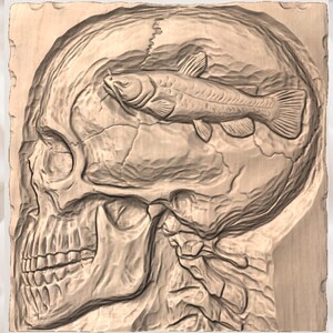Always Thinking of Fishing Skull 3D Relief STL for CNC Router view 3