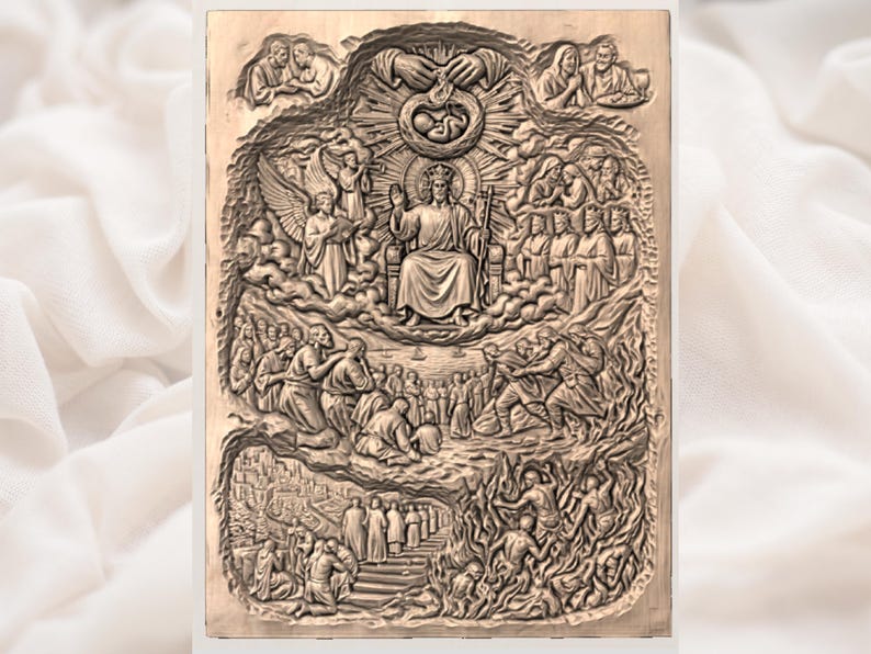 May include: A detailed relief carving depicting a religious scene. The artwork features figures, angels, and a central seated figure, all rendered in a warm, earthy tone. The composition is complex, with multiple layers and intricate details.