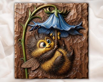 Cute Bumblebee STL | Bluebell Flower Bee Relief | Whimsical Garden Decor | Cottagecore Wall Plaque | Nature Wall Art