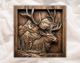 Elk Hunting 3D Relief STL | CNC Router Wood Carving File | Deer Head Mountain Cabin Wall Art Panel | Hunter Lodge Decor | Laser Engraving