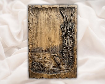 Reiher See Szene 3D Relief STL-Datei | Wildtiere Holzmaserung CNC Carving | Sumpfvogel Natur Wall Art Panel | 3D Druck & Lasergravur