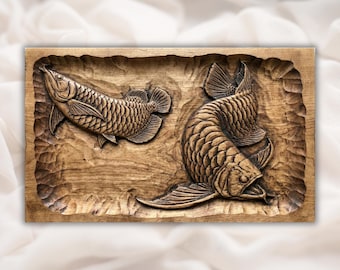 Conjunto de Peixes Arowana em Relevo 3D STL para Router CNC | Painel de Madeira Entalhada com 2 Peixes | Arte de Parede com Tema de Pesca | Impressão 3D