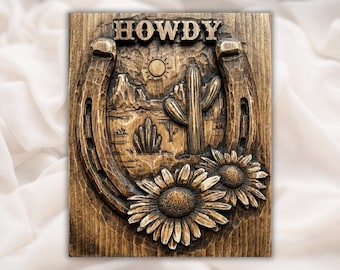 Howdy Western 3D Relief STL File | Horseshoe Cactus Sunflower Wood Grain CNC Carving | Cowboy Wall Art | 3D Print and Laser Engraving