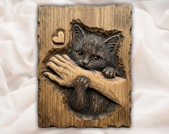 Cute Kitten Hug 3D STL Relief | Sculpted Wood Grain CNC Router File | Cat Wall Plaque Bas Relief for 3D Printing  | Pet Lover Decor