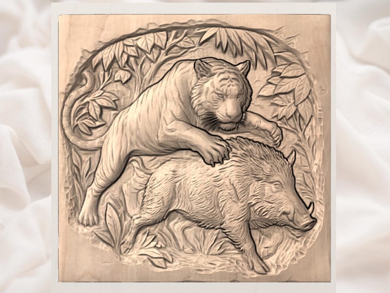 Tiger Boar attack STL | Wildlife Battle Relief | Jungle Wall Decor | Predator Prey Artwork | Wood Carving Design | Rustic Plaque File image 2