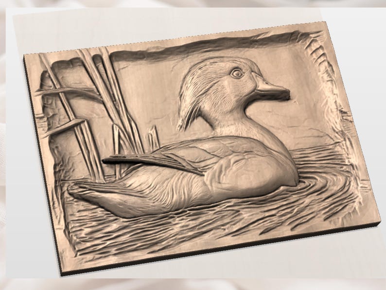 May include: A wooden relief carving of a duck resting in water, surrounded by reeds. The duck is detailed with textured feathers and a prominent beak. The artwork is a warm, natural brown color.