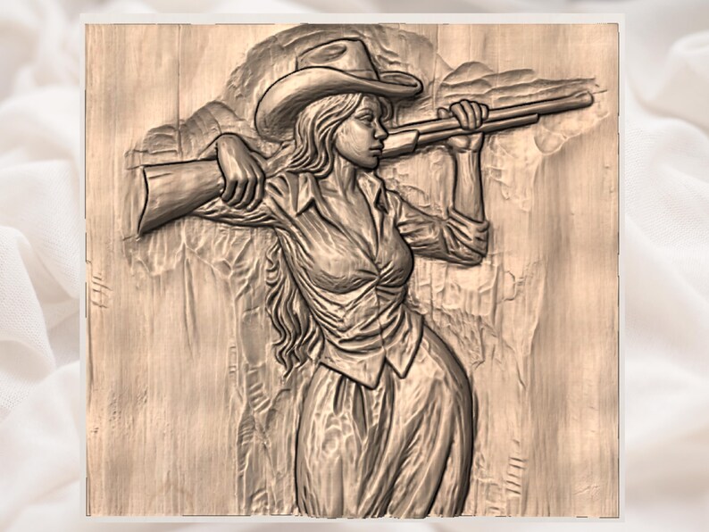 May include: A wooden relief carving depicting a woman in a cowboy hat holding a rifle. The woman is wearing a button-down shirt and skirt. The carving is in shades of brown and beige, with detailed textures.