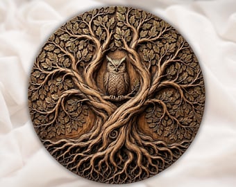 Árvore da Vida Coruja Relevo pronto para CNC | Painel de Arte de Parede Árvore da Vida | Decoração Rústica para Cabana | Enfeite de Parede Árvore da Vida