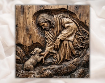 Jezus z Barankiem, relief 3D STL | Plik do rzeźbienia w drewnie CNC | Panel ścienny z motywem religijnym „Dobry Pasterz” | Dekoracja kościelna