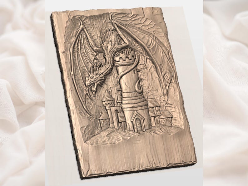 May include: A detailed relief carving of a dragon perched atop a castle tower, with outstretched wings. The artwork is rendered in a warm, earthy tone, showcasing intricate details of the dragon and castle architecture. The carving is on a rectangular wooden plaque.