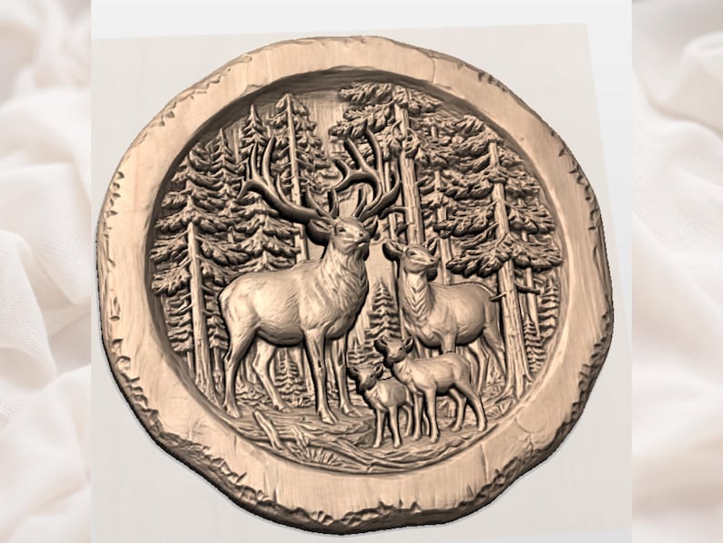 May include: A detailed, circular wooden carving featuring a family of deer in a forest setting. The relief carving depicts a large buck with impressive antlers, a doe, and two fawns, surrounded by tall pine trees. The outer edge has a natural, rough-hewn appearance.