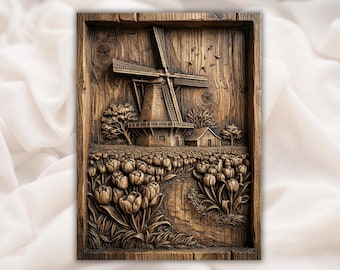 Windmill Tulip Field 3D Relief STL | CNC Router Wood Carving File | Dutch Holland Farm Landscape Wall Art Panel | Rustic Farmhouse Decor