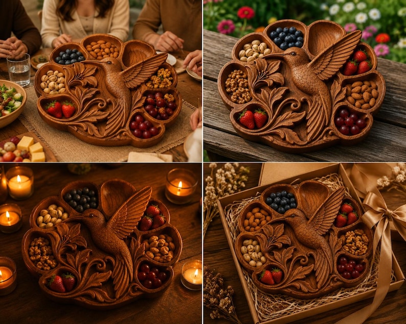 Serviertablett mit Kolibri-Motiv (STL-Datei für CNC-Fräse) | 3D-Reliefmodell aus Holz | Schnitzdesign für Serviertablett aus Holz | Küchendekoration Bild 8