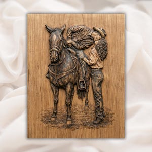 Cowgirl Kissing Horse 3D Relief STL view 1