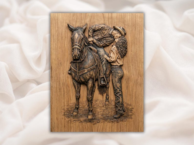 Cowgirl Kissing Horse 3D Relief STL