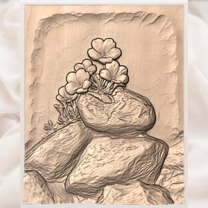 Pansy Flowers on Rocks Relief STL view 3