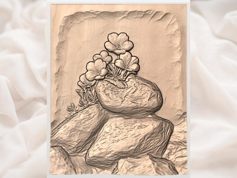 Puede incluir: Escultura en relieve de madera que representa flores sobre rocas. Las flores tienen m&uacute;ltiples p&eacute;talos y est&aacute;n en plena floraci&oacute;n. La talla es en un tono de madera natural, con texturas detalladas.