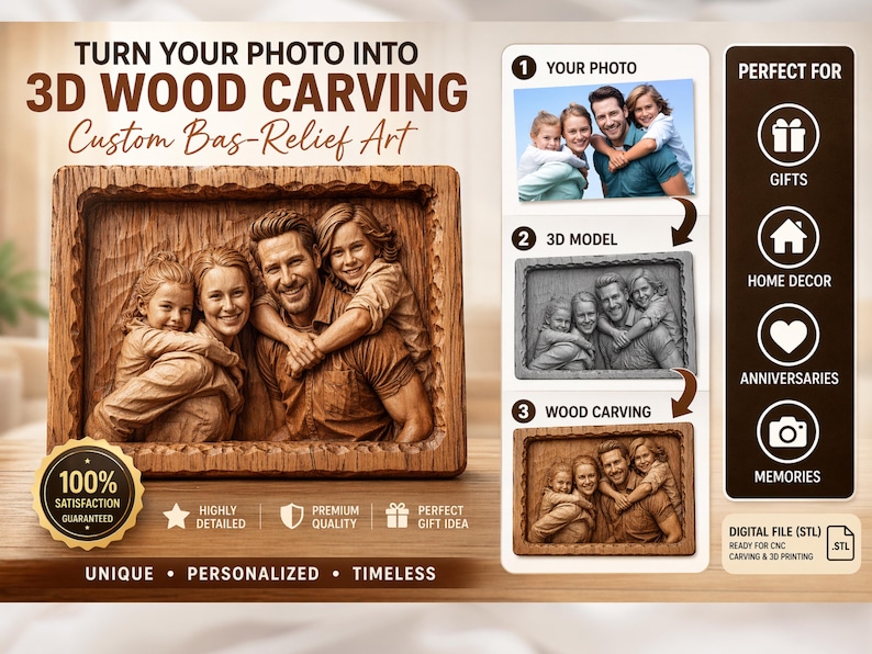 May include: A 3D wood carving of a family, showcasing a photo transformed into bas-relief art. The image includes text: "Turn Your Photo Into 3D Wood Carving Custom Bas-Relief Art." Additional text: "Unique, Personalized, Timeless." The carving is perfect for gifts, home decor, anniversaries, and memories.
