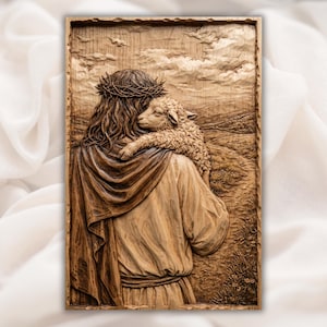 以下が含まれることがあります： 長い髪の人物がイバラの冠をかぶり、子羊を抱いている木製のレリーフ彫刻。彫刻は、宗教的なテーマを示す、詳細な風景の背景を持つ長方形のフレームに入っています。