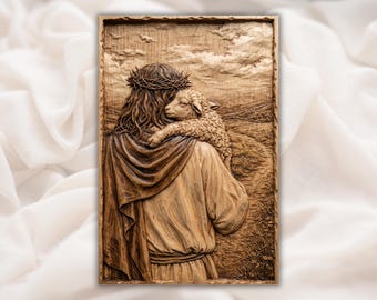 Jesus Carrying Lamb 3D Relief STL | Good Shepherd CNC Router File | Christian Wall Art Wood Carving STL | Bible Jesus Relief