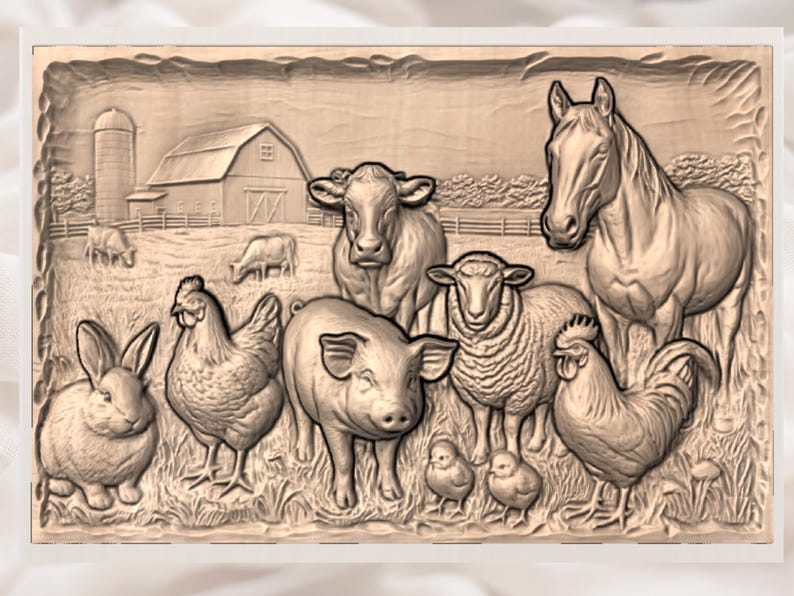 May include: A detailed relief carving of farm animals, including a horse, cow, sheep, pig, chicken, rooster, rabbit, and chicks. A barn and silo are in the background, all in a natural wood tone.