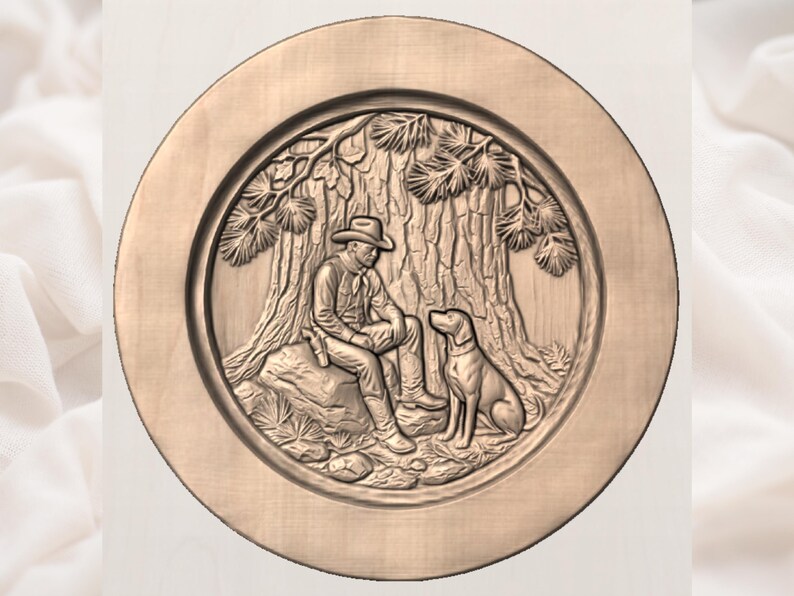 May include: A round, wooden relief carving depicting a man in a hat sitting with a dog under a tree. The man is holding a gun. The carving is in a natural wood tone and features detailed textures.