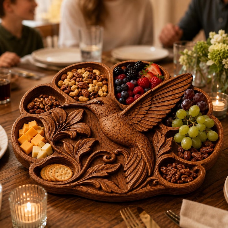 K&ouml;nnte beinhalten: Ein geschnitztes Holz-Serviertablett in Blumenform mit einem zentralen Kolibri-Motiv. Das Tablett verf&uuml;gt &uuml;ber mehrere F&auml;cher, die mit verschiedenen N&uuml;ssen, frischen Beeren, gr&uuml;nen Weintrauben, K&auml;sew&uuml;rfeln und runden Crackern gef&uuml;llt sind.